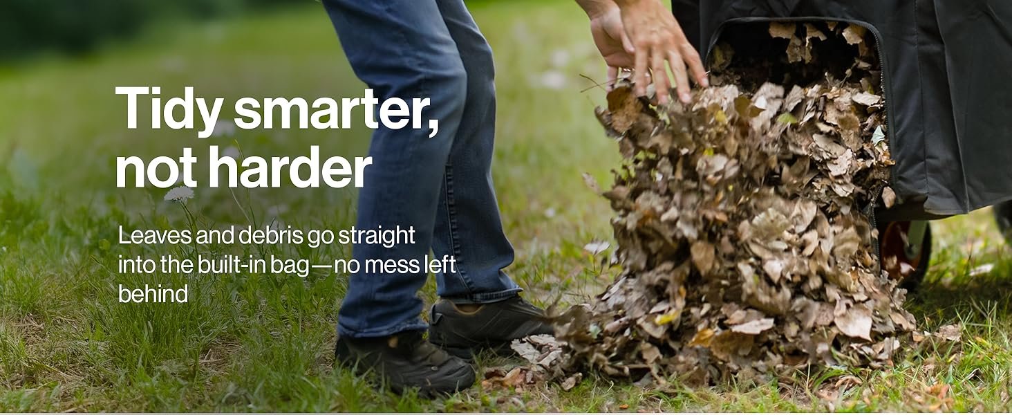 Garden cleanup scene showing fallen leaves with text overlay 'Tidy smarter, not harder' against blurred natural background.
